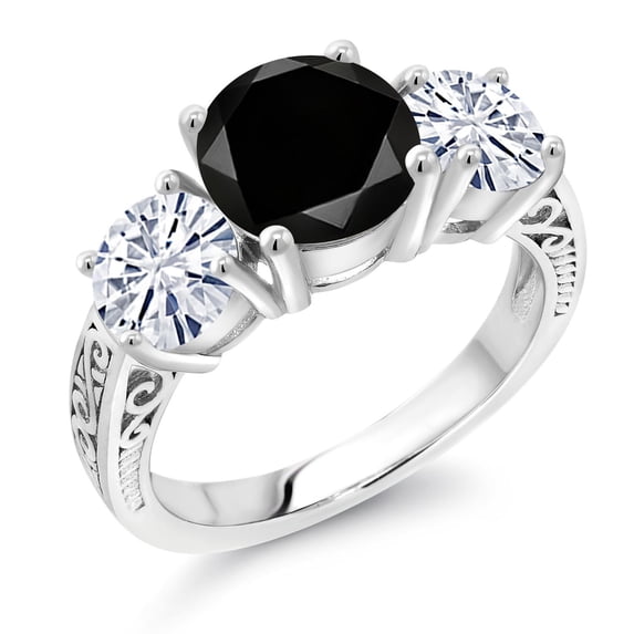 Gem Stone King 925 Sterling Silver Black Diamond and White Moissanite Engagement Ring for Women | 3.80 Cttw | Round 8MM | Gemstone April Birthstone | Size 9