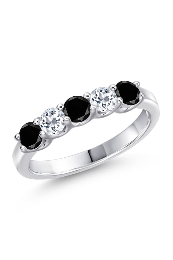 925 Sterling Silver Black Diamond and White Topaz Wedding-Bands Ring for Women | 0.94 Cttw | Round 3.5MM | Gemstone April Birthstone | Size 9