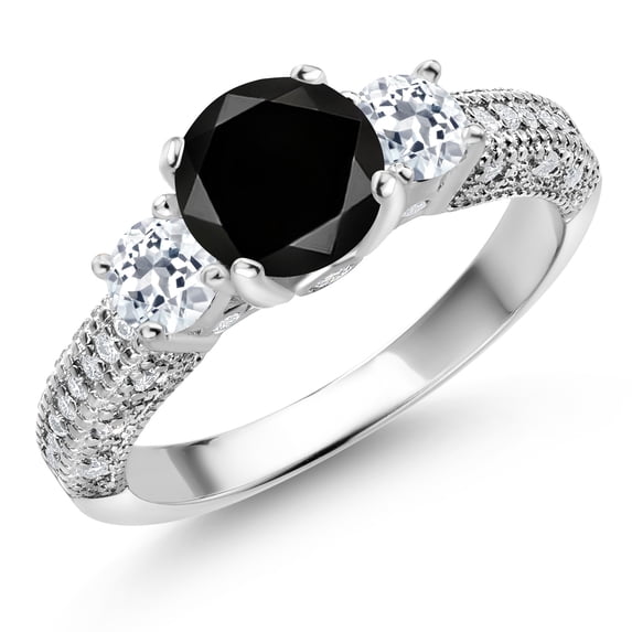 Gem Stone King 925 Sterling Silver Black Diamond White Topaz and White Moissanite Engagement Ring for Women (2.54 Cttw, Gemstone April Birthstone, Round 7MM and 4MM, Size 8)