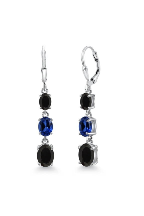 925 Sterling Silver Black Onyx 3 Stone Dangle Earrings for Women (6.00 Cttw, Gemstone December Birthstone, Oval 8X6MM, 7X5MM and 6X4MM)