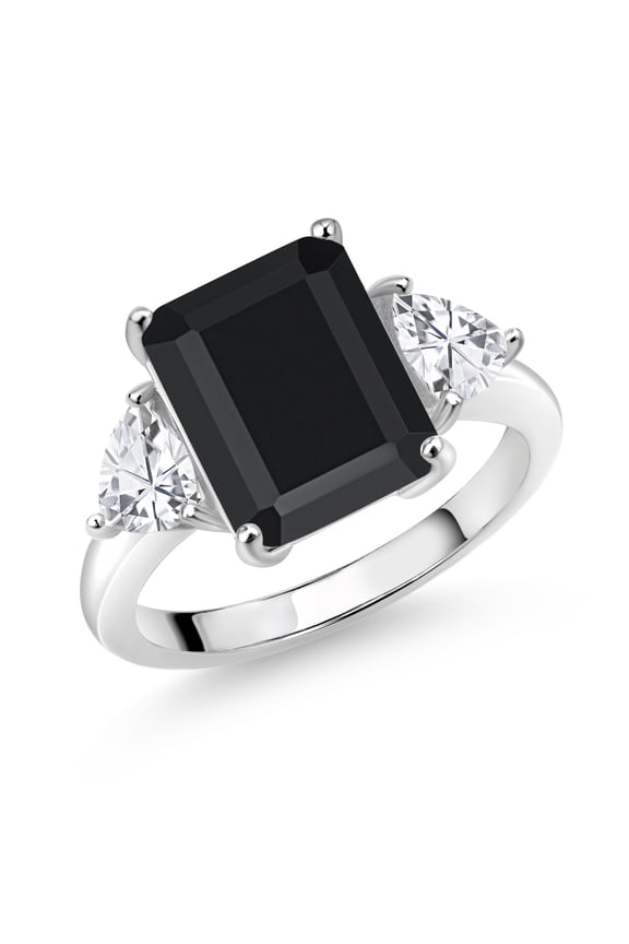 925 Sterling Silver Black Onyx 3 Stone Ring for Women (7.31 Cttw, Octagon 12X10MM, Trillion 5X5MM, Gemstone December Birthstone, Size 6)