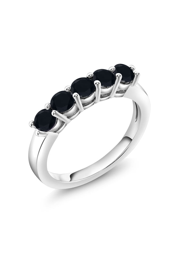 925 Sterling Silver Black Onyx 5-Stone Wedding Anniversary Band Ring for Women (0.65 Cttw, Gemstone December Birthstone, Size 8)