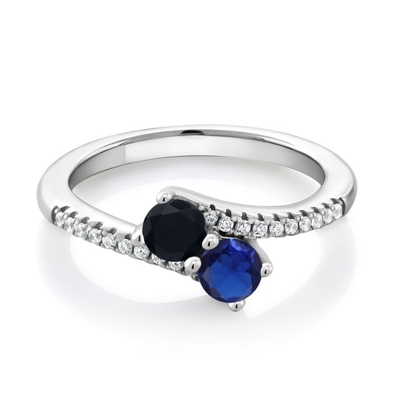 Gem Stone King 925 Sterling Silver Black Onyx and Blue Created Sapphire Bypass Ring for Women (0.71 Cttw, Gemstone December Birthstone, Round 4MM, Available in Size 5, 6, 7, 8, 9)