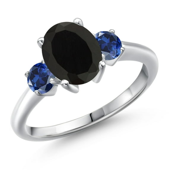 Gem Stone King 925 Sterling Silver Black Onyx and Blue Created Sapphire Engagement Ring for Women | 2.50 Cttw | Oval 9X7MM | Gemstone December Birthstone | Size 6