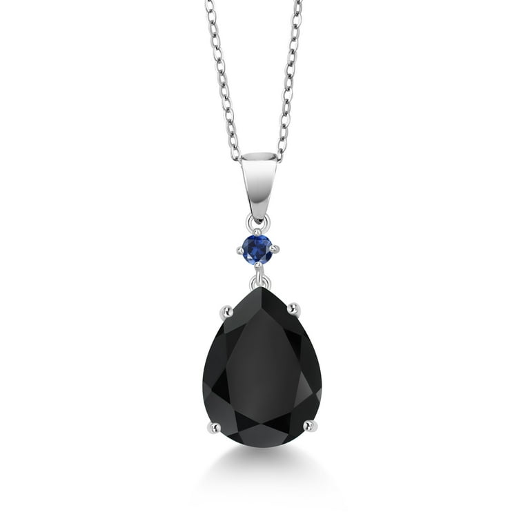 Gem Stone King 925 Sterling Silver Black Onyx and Blue Created Sapphire  Pendant Necklace For Women (7.51 Cttw, Pear Shape 16X12MM, Gemstone, with  18