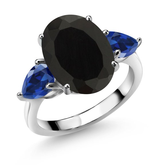 Gem Stone King 925 Sterling Silver Black Onyx and Blue Created Sapphire Ring for Women (7.00 Cttw, 14X10MM Oval and 7X5MM Pear Shape, Gemstone December Birthstone, Size 6)