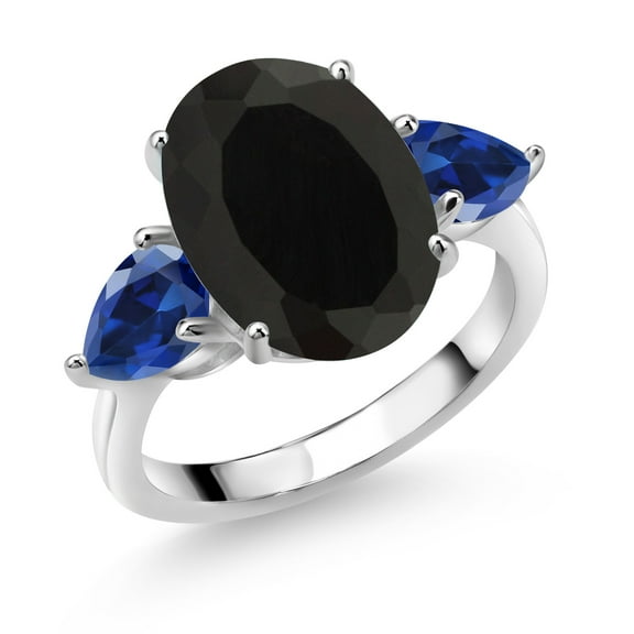 Gem Stone King 925 Sterling Silver Black Onyx and Blue Created Sapphire Ring for Women (7.00 Cttw, 14X10MM Oval and 7X5MM Pear Shape, Gemstone December Birthstone, Size 5)