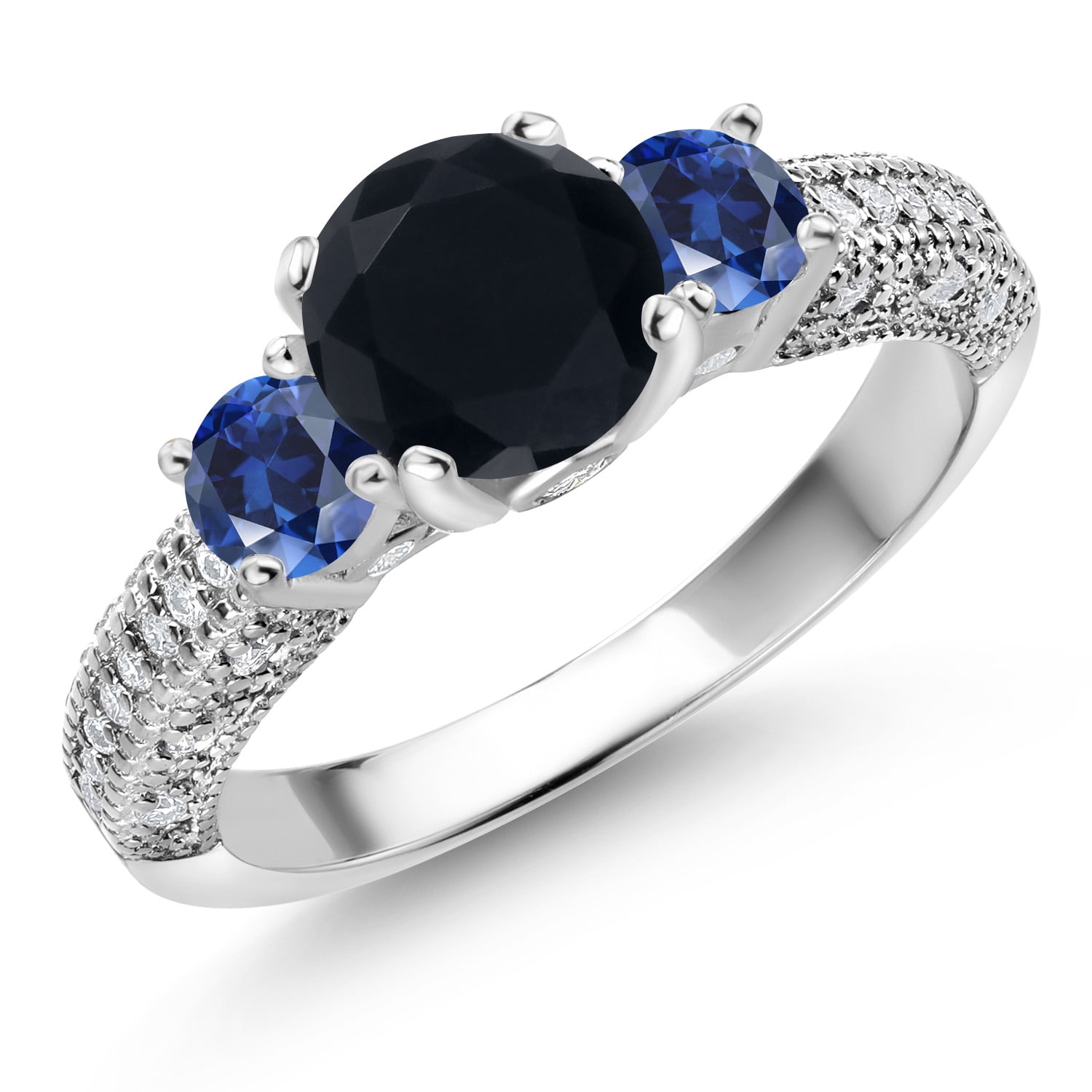 Gem Stone King 925 Sterling Silver Black Onyx Blue Created Sapphire and White Moissanite Engagement Ring for Women (1.86 Cttw, Gemstone December Birthstone, Round 7MM and 4MM, Size 9)