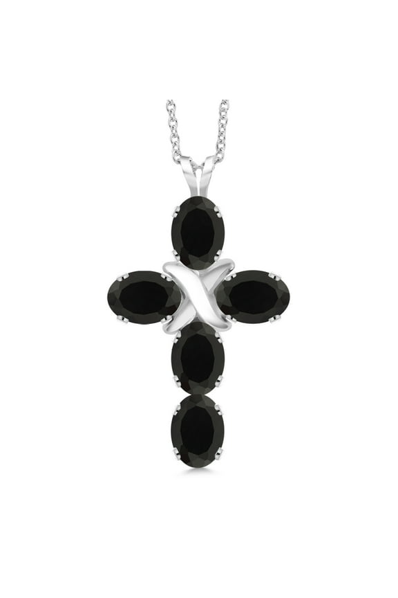 925 Sterling Silver Black Onyx Cross Pendant Necklace for Women (1.95 Cttw, Gemstone December Birthstone, Oval 6X4MM, With 18 inch Silver Chain)