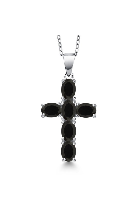 925 Sterling Silver Black Onyx Cross Pendant Necklace for Women | 2.40 Cttw | Gemstone December Birthstone | Oval 6X4MM | With 18 inch Chain