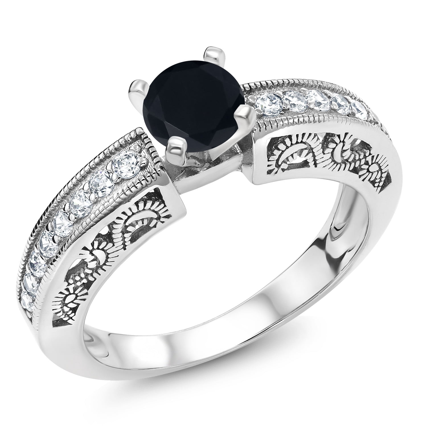 Gem Stone King 1.29 Cttw Black Onyx Engagement Filigree Ring for Women | 925 Sterling Silver | Round 6MM | Gemstone Birthstone | Wedding Engagement Anniversary Promise Ring for Women| Size 8