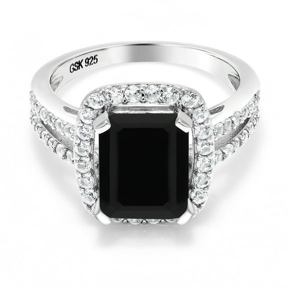 Gem Stone King 3.75 Cttw Black Onyx Engagement Ring for Women | 925 Sterling Silver | Emerald Cut 10X8MM | Gemstone Birthstone | Wedding Engagement Anniversary Promise Ring for Women | Size 7