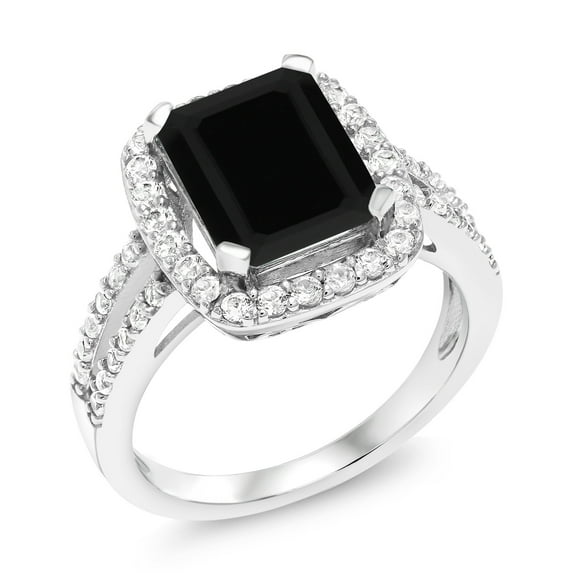 Gem Stone King 925 Sterling Silver Black Onyx Engagement Ring for Women (3.75 Cttw Emerald Cut, Gemstone Birthstone, Size 5)
