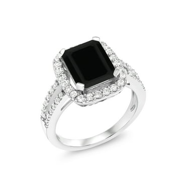 Gem Stone King 925 Sterling Silver Black Onyx Engagement Ring for Women (3.75 Cttw Emerald Cut, Gemstone Birthstone, Available in Size 5, 6, 7, 8, 9)
