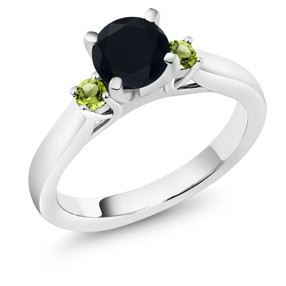 Gem Stone King 925 Sterling Silver Black Onyx and Green Peridot 3-Stone Engagement Ring for Women (0.94 Cttw, Round 6MM, Gemstone December Birthstone, Size 9)