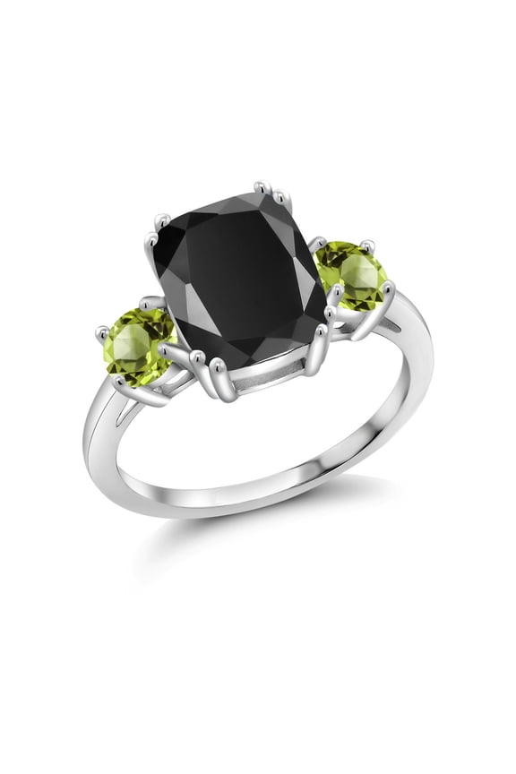 3.63 Cttw Black Onyx and Green Peridot 3-Stone Ring for Women | 925 Sterling Silver | Cushion Cut 10X8MM | Round 4.5MM | Gemstone Birthstone |Size 6