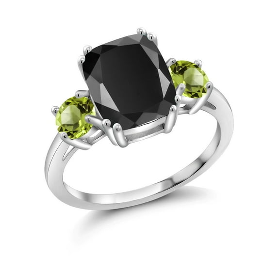 Gem Stone King 3.63 Cttw Black Onyx and Green Peridot 3-Stone Ring for Women | 925 Sterling Silver | Cushion Cut 10X8MM | Round 4.5MM | Gemstone Birthstone |Size 5