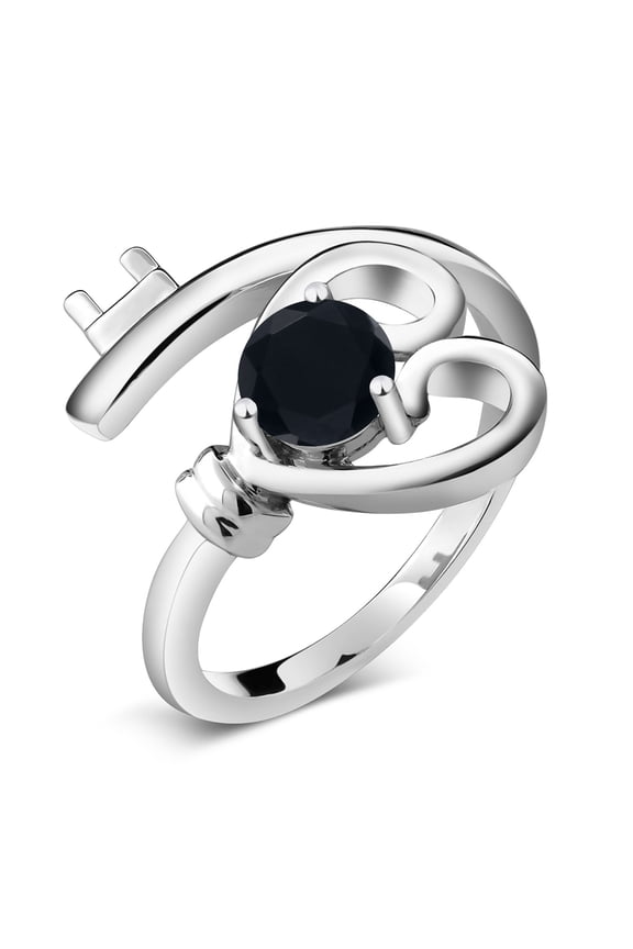 925 Sterling Silver Black Onyx Heart Key Women Ring (0.48 Cttw, Gemstone Birthstone, Round 5MM, Size 9)