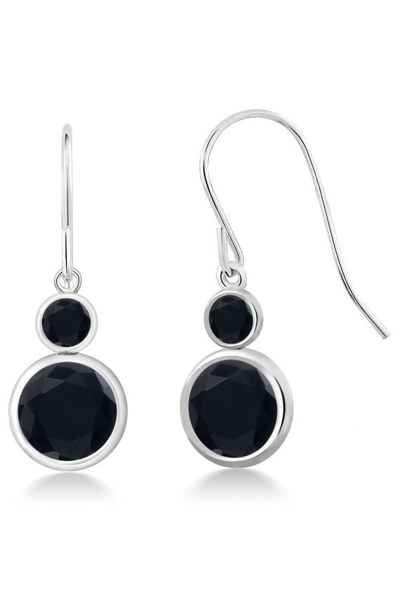 925 Sterling Silver Black Onyx Hook French Fish Ear Wire Dangle Earrings for Women (3.49 Cttw, Gemstone December Birthstone, Round 8MM and Round 3MM)