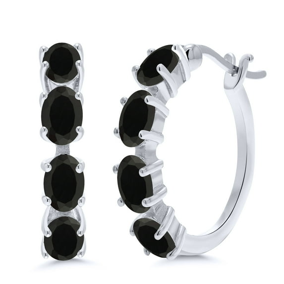 Gem Stone King 925 Sterling Silver Black Onyx Hoop Earrings for Women (3.12 Cttw, Gemstone Birthstone, Oval 6X4MM)