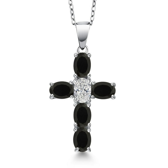Gem Stone King 925 Sterling Silver Black Onyx and Lab Grown Diamond Cross Pendant Necklace for Women | 2.40 Cttw | Gemstone December Birthstone | Oval 6X4MM | With 18 inch Chain
