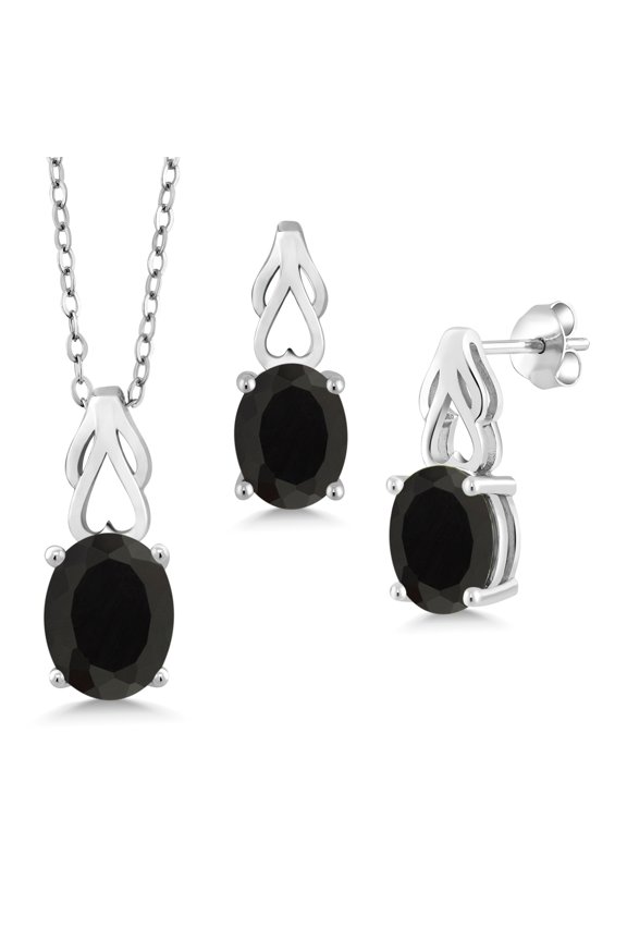 925 Sterling Silver Black Onyx Pendant and Earrings Jewelry Set for Women | 6.00 Cttw | Oval 9X7 | Gemstone December Birthstone | with 18 inch Chain