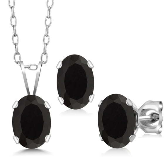 Gem Stone King 925 Sterling Silver Black Onyx Pendant Earrings Set for Women (2.10 Cttw, Oval 7X5MM, Gemstone December Birthstone, With 18 inch Chain)