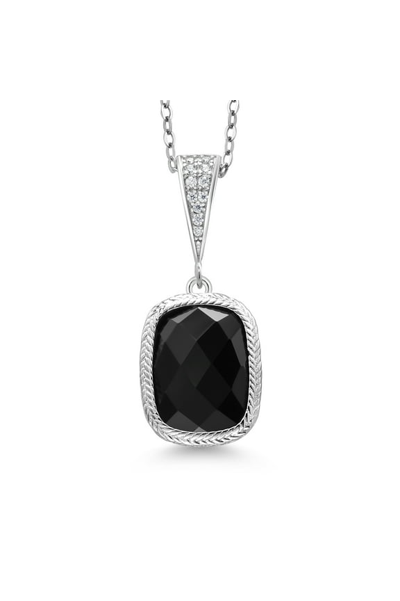 925 Sterling Silver Black Onyx Pendant Necklace for Women (2.30 Cttw, Gemstone Birthstone, Cushion Checkerboard Cut 13X9MM, 18 inch Chain)