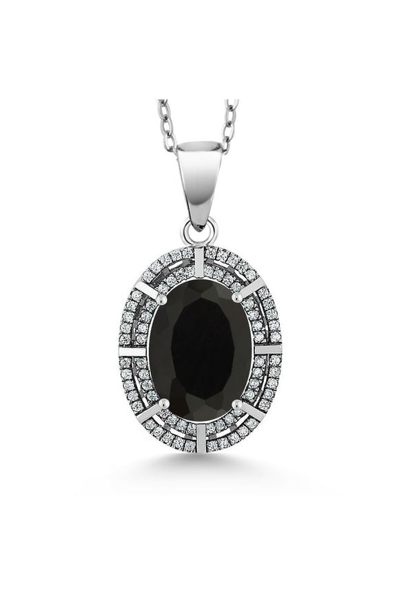 925 Sterling Silver Black Onyx Pendant Necklace for Women (5.84 Cttw, Oval 14X10MM, Gemstone December Birthstone, with 18 inch Silver Chain)