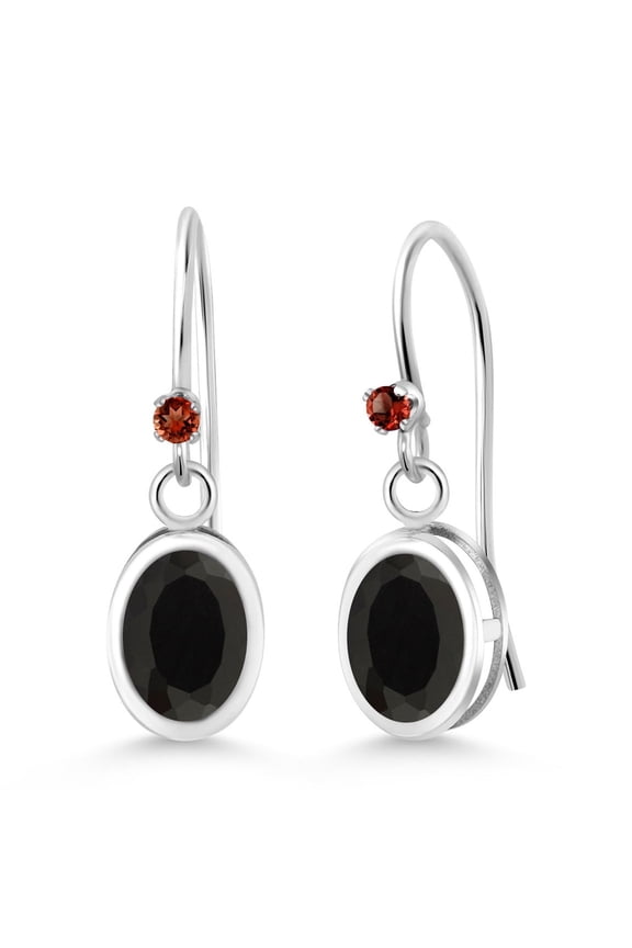 925 Sterling Silver Black Onyx and Red Garnet French Wire Earrings for Women (1.39 Cttw, Gemstone December Birthstone, Oval 7X5MM, Round 1.25MM)