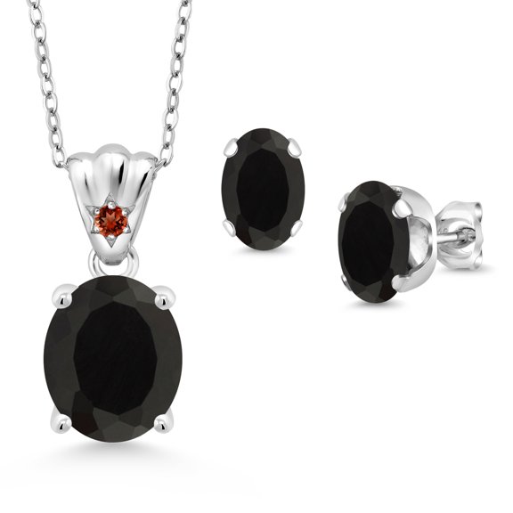 Gem Stone King 925 Sterling Silver Black Onyx and Red Garnet Pendant and Earrings Jewelry Set for Women (6.25 Cttw, Gemstone Birthstone, Oval 11X9MM and 8X6MM with 18 inch Silver Chain)