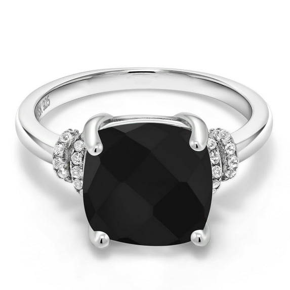 Gem Stone King 3.89 Cttw Black Onyx Ring for Women | 925 Sterling Silver | Cushion Checkerboard Cut 10MM | Gemstone Birthstone | Available in Size 5, 6, 7, 8, 9