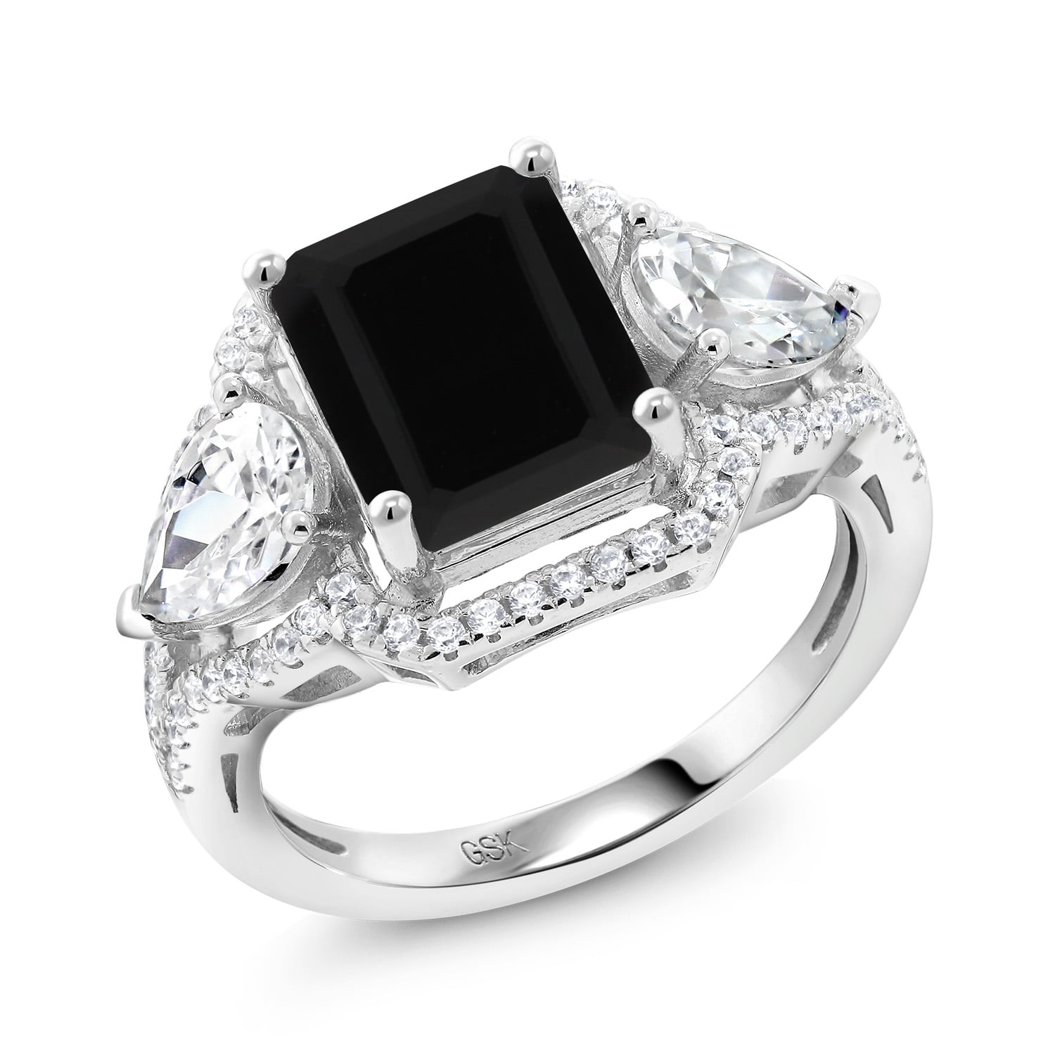 Gem Stone King 3.92 Cttw Black Onyx Ring for Women | 925 Sterling Silver | Emerald Cut 10X8MM | Gemstone December Birthstone | Wedding Engagement Anniversary Promise Ring for Women | Size 9