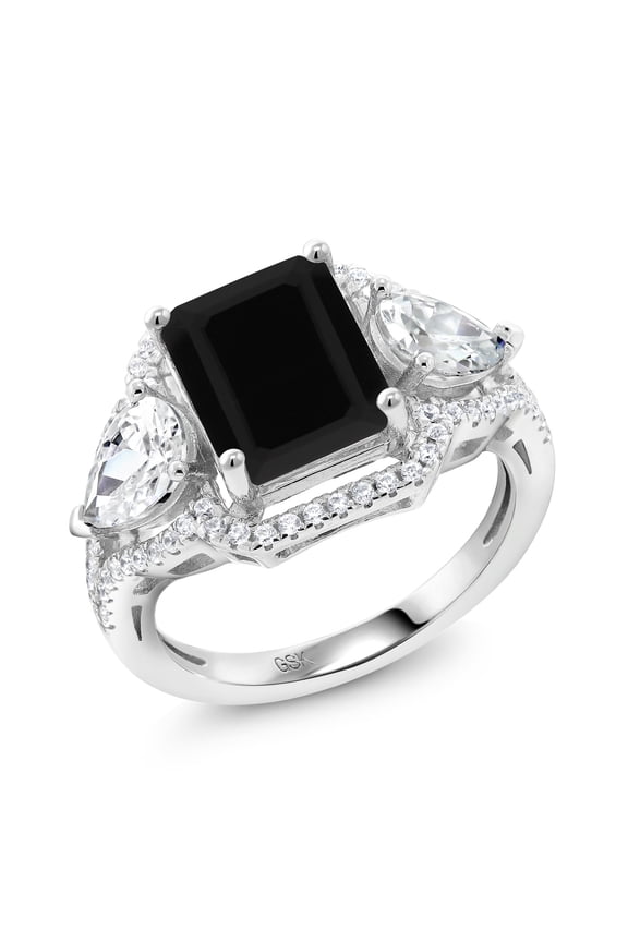3.92 Cttw Black Onyx Ring for Women | 925 Sterling Silver | Emerald Cut 10X8MM | Gemstone December Birthstone | Wedding Engagement Anniversary Promise Ring for Women | Size 9