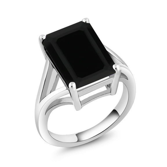 Gem Stone King 925 Sterling Silver Black Onyx Solitaire Ring for Women (6.60 Cttw, Emerald Cut 14X10MM, Gemstone Birthstone, Available in Size 5, 6, 7, 8, 9)