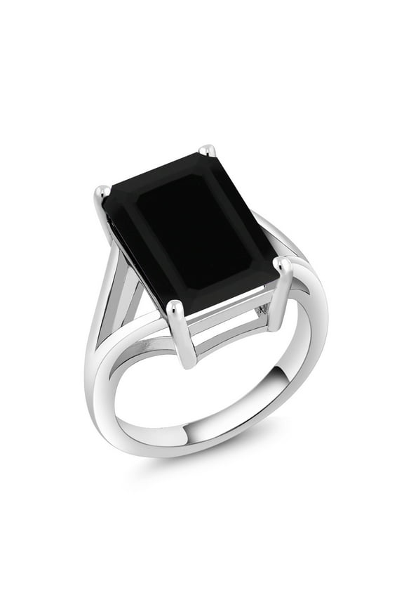 925 Sterling Silver Black Onyx Solitaire Ring for Women (6.60 Cttw, Emerald Cut 14X10MM, Gemstone Birthstone, Available in Size 5, 6, 7, 8, 9)
