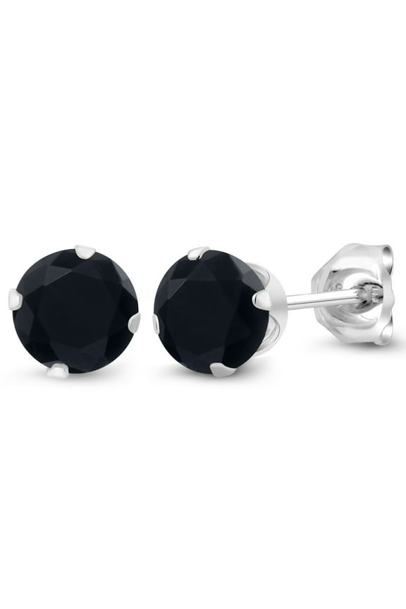 925 Sterling Silver Black Onyx Stud Earrings for Women Men (0.92 Cttw, Gemstone Birthstone Round Cut 5MM)