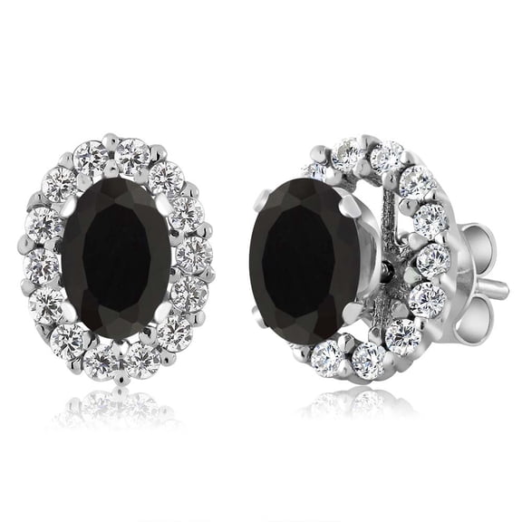 Gem Stone King 925 Sterling Silver Black Onyx Stud Earrings with Removable Jackets for Women (1.14 Cttw, Gemstone December Birthstone, Oval 6X4MM)