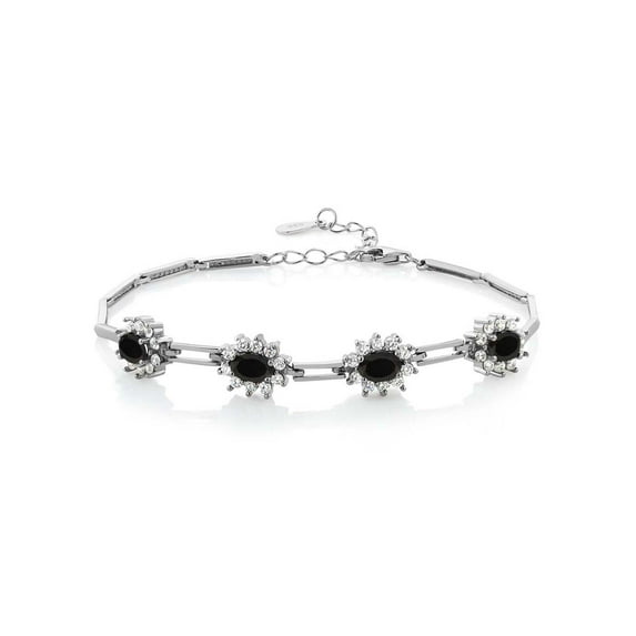 Gem Stone King 925 Sterling Silver Black Onyx Tennis Bracelet for Women (3.60 Cttw, Oval 6X4MM, Gemstone Birthstone, 7 inch with 1 inch Extender)