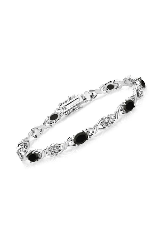 925 Sterling Silver Black Onyx Tennis Bracelet for Women (3.20 Cttw, Gemstone December Birthstone, Oval 6X4MM, 7 inch)