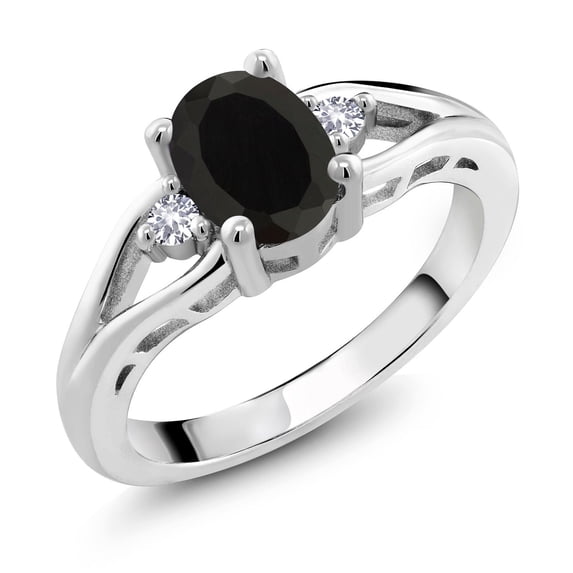 Gem Stone King 925 Sterling Silver Black Onyx and White Created Sapphire 3 Stone Engagement Ring for Women | 1.33 Cttw | Oval 8X6MM | Round 2MM | Gemstone December Birthstone | Size 9