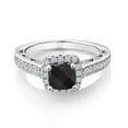 thumbnail image 1 of Gem Stone King 925 Sterling Silver Black Onyx and White Created Sapphire Engagement Ring for Women (1.50 Cttw, Cushion Checkerboard 6MM, Gemstone Birthstone, Available in Size 5, 6, 7, 8, 9), 1 of 6