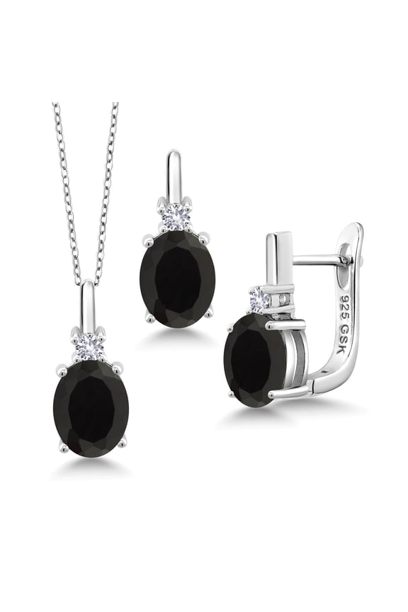 925 Sterling Silver Black Onyx and White Created Sapphire Pendant and Earrings Jewelry Set for Women (6.05 Cttw, Gemstone Birthstone, with 18 inch Silver Chain)