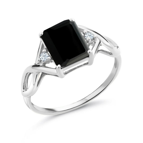 Gem Stone King 2.18 Cttw Black Onyx and White Created Sapphire Ring for Women | 925 Sterling Silver | Gemstone Birthstone (Size 5)