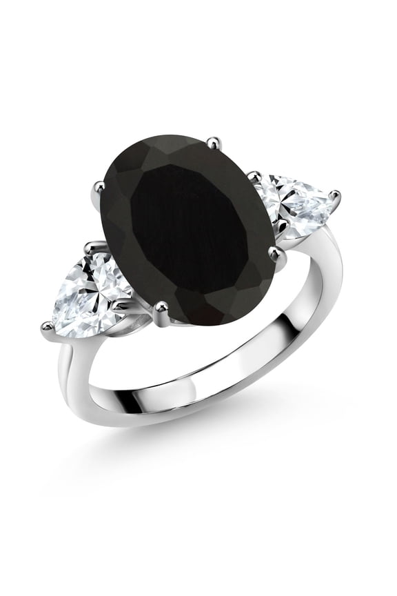 7.00 Cttw Black Onyx and White Created Sapphire 3-Stone Ring for Women | 925 Sterling Silver | 14X10MM Oval and 7X5MM Pear Shape | Gemstone Birthstone | Size 5, 6, 7, 8, 9 | Size 7