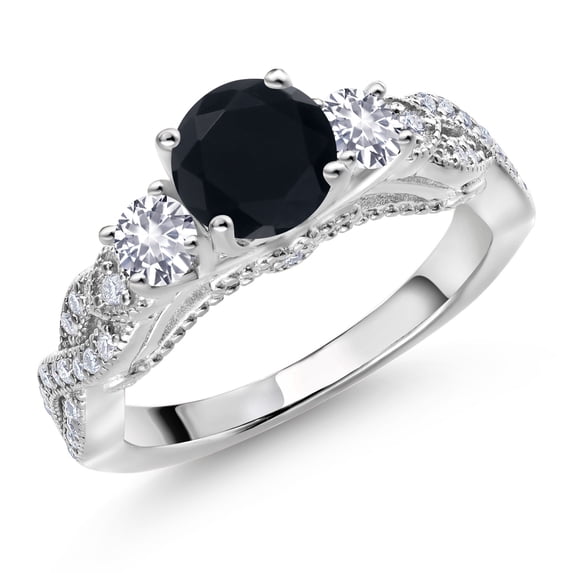 Gem Stone King 925 Sterling Silver Black Onyx White Created Sapphire and White Moissanite Engagement Ring for Women (1.33 Cttw, Gemstone December Birthstone, Round 6MM and 3MM, Size 8)