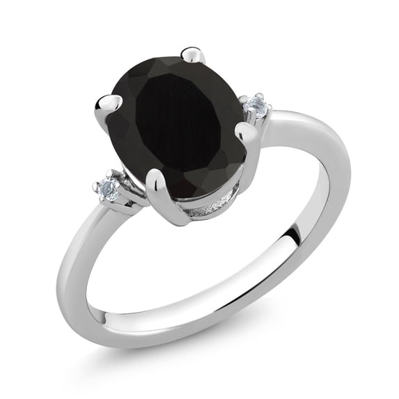 Gem Stone King 925 Sterling Silver Black Onyx and White Diamond Engagement Ring for Women (2.22 Cttw, Gemstone Birthstone, Available in Size 5, 6, 7, 8, 9)