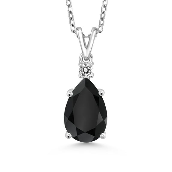 Gem Stone King 925 Sterling Silver Black Onyx and White Diamond Pendant Necklace for Women | 2.84 Cttw | Pear Shape 12X8MM | with 18 inch Silver Chain