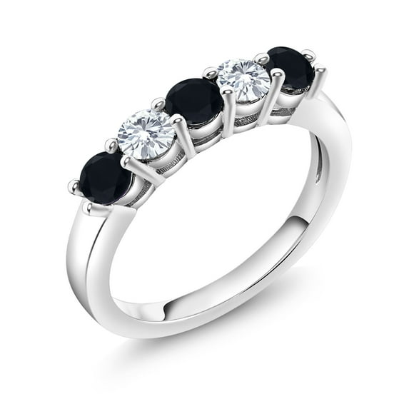 Gem Stone King 925 Sterling Silver Black Onyx and White Lab Grown Diamond 5-Stone Wedding Anniversary Band Ring for Women (0.73 Cttw, Gemstone December Birthstone, Size 7)