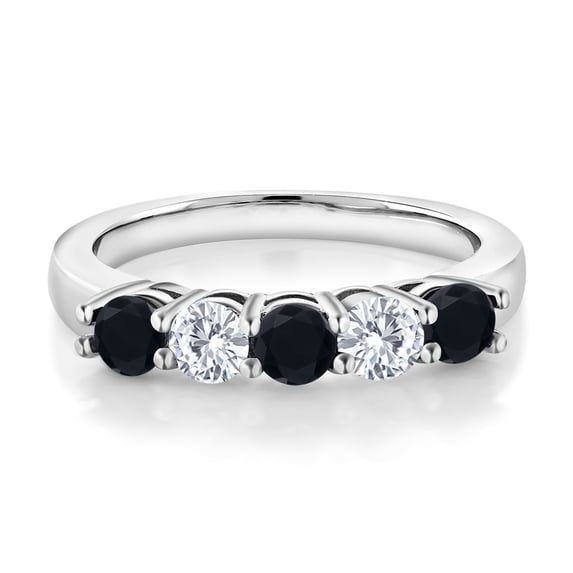 Gem Stone King Black Onyx and White Moissanite 5-Stone Wedding Anniversary Band Ring for Women | 925 Silver | 0.71 Cttw | Gemstone Birthstone | Wedding Engagement Anniversary Promise Ring | Size 7